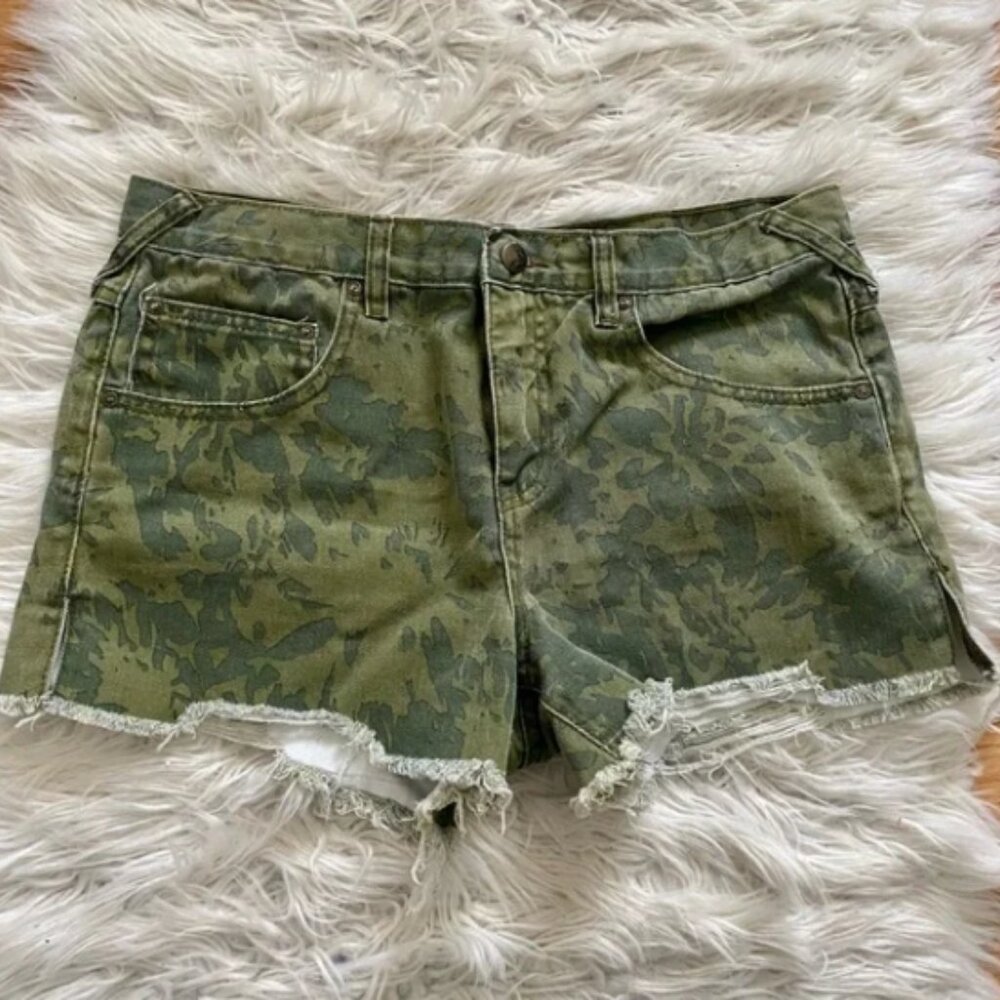 Free People Green Denim Cutoff Raw Hem Shorts